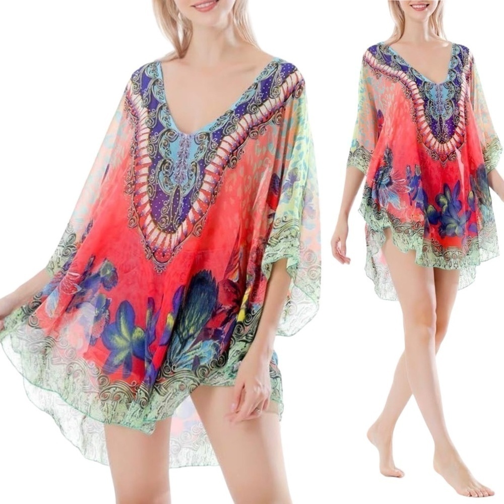 MEGHAN LOS ANGELES Silk Rhinestone Butterfly Poncho Tunic Top‎ - Picture 2 of 12